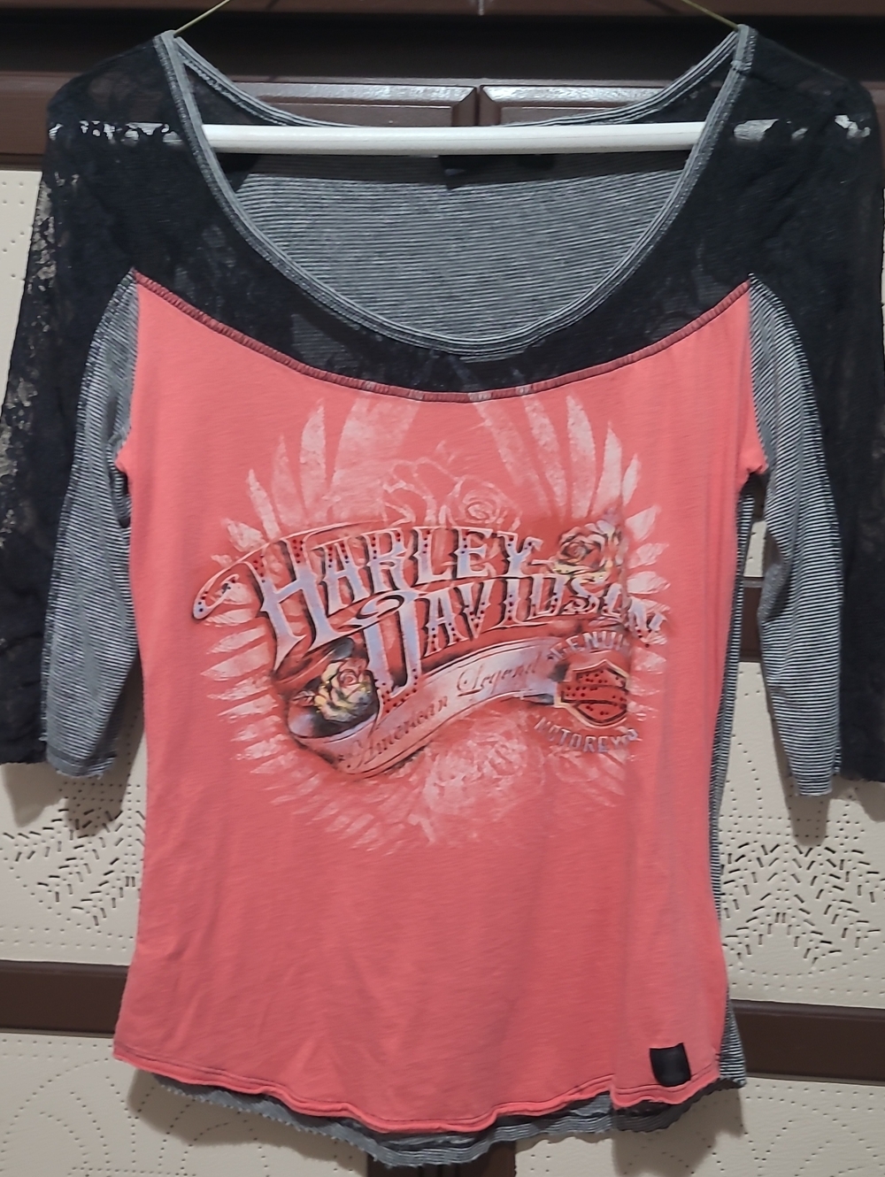 Harley-Davidson Coral Pink Lace-Trim Mixed Sleeve Long Sleeve Tee